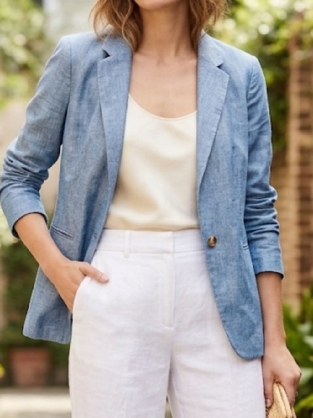 LOFT Blue Linen-Blend Single-Button Blazer